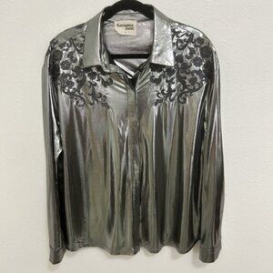 Savanna Jane Metallic Silver Shacket Shirt Jacket Floral Embroidered L Boho